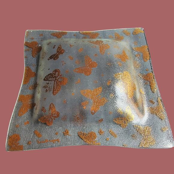 Vintage MCM 1960s Georges Briard Square Bent Glass Gold Butterfly Plate - Picture 5 of 6